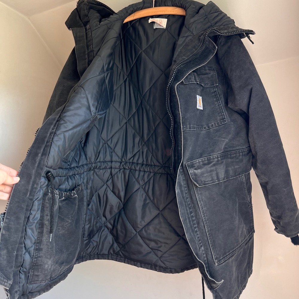 Vintage Carhartt Jacket USA Made Black CQ385 L 90s Hooded Chore Detroit Siberian - Picture 2 of 11